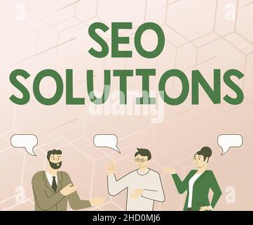 Text mit Inspiration Seo Solutions. Wort geschrieben auf Suchmaschinen-Ergebnisseite Besucher erhöhen durch Rankings Partner Chatten Gebäude Neu Stockfoto