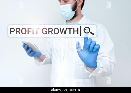 Zeichen mit Gewinnwachstum. Geschäftsidee Ziele Wechselbeziehung der Gesamtumsatz Marktanteile Arzt erklärt medizinische Begriffe, Wissenschaftler Stockfoto