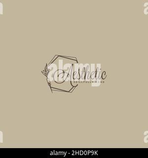 Flaches, ästhetisches Logo mit Blumenblatt-Dekoration Stock Vektor