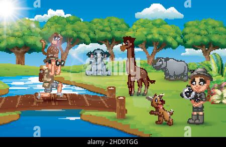 Cartoon von Zookeeper Junge und Mädchen mit Tier im Dschungel Stock Vektor