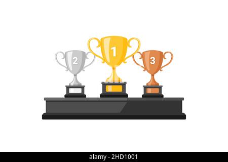 Siegerpodium mit Trophäen. Trophäenpreise für die Champions. Drei Vektor-Champion-Pokale: Gold, Silber und Bronze Trophäe. Stockfoto