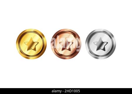 Münze mit Sternbild. Gold-, Silber- und Bronzemünzen oder Medaillen-Set. Stockfoto