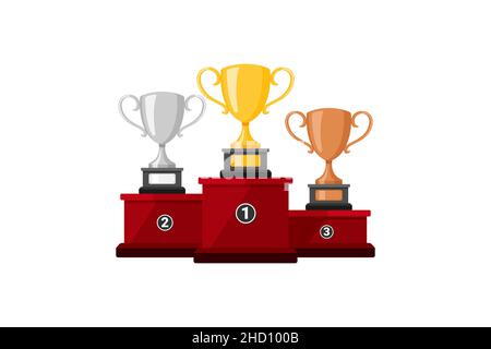 Siegerpodium mit Trophäen. Trophäenpreise für die Champions. Drei Vektor-Champion-Pokale: Gold, Silber und Bronze Trophäe Stockfoto