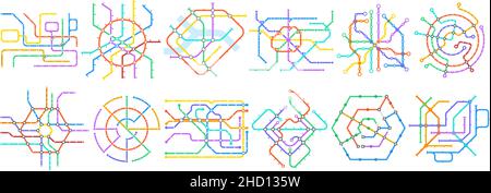 U-Bahn-Karten, öffentliche Verkehrsmittel, U-Bahn-Systeme. U-Bahn-Transport-Systeme, öffentlicher Verkehr Plan Vektor-Illustration-Set Stock Vektor