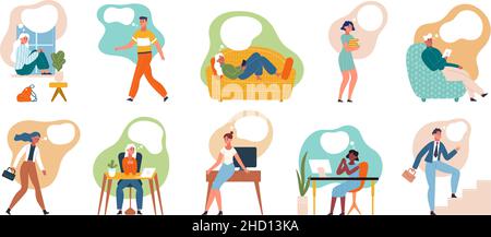 Träumende Menschen, verträumte, nachdenkliche Charaktere im Büro und zu Hause. Verträumte männliche und weibliche Charaktere mit Traumblasen Vektor Illustration Set Stock Vektor
