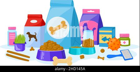 Cartoon Tierfutter, Katzen und Hunde Haustier Shop Zubehör. Häusliche Tiernahrung, Heimtierbedarf Ausrüstung Poster Vektor Illustration. Tierfutter und Zubehör Stock Vektor