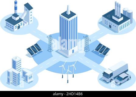 Isometrische Fabrik Industrieanlagen, Gebäude Komplex. Industrielle Anlage Strom Ressource Versorgung und Kommunikationssystem Vektor Illustration Stock Vektor