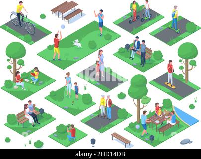 Isometrische Menschen gehen, joggen, sitzen auf der Bank im Stadtpark. Park Outdoor-Aktivitäten, Sommer aktiv Erholung Vektor Illustration Set. Menschen in Stock Vektor