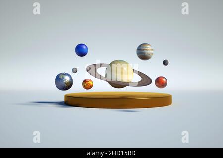 3D Illustration von bunten Objekten des Planeten und Ringen um ihn, Umlaufbahnen. 3D grafischer Weltraumplanet auf einem isolierten weißen Hintergrund. Stockfoto