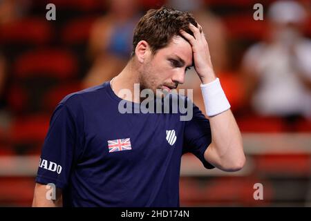 Sydney, Australien. 02nd Januar 2022. Cameron Norrie vom Team Großbritannien schaut am 2. Januar 2022 während des ATP-Cups in der Qudos Bank Arena, Sydney Olympic Park Tennis Center, Sydney, Australien, auf. Foto von Peter Dovgan. Nur zur redaktionellen Verwendung, Lizenz für kommerzielle Nutzung erforderlich. Keine Verwendung bei Wetten, Spielen oder Veröffentlichungen einzelner Clubs/Vereine/Spieler. Kredit: UK Sports Pics Ltd/Alamy Live Nachrichten Stockfoto