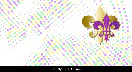 Mardi Gras Fat Tuesday. Bunt verstreute Papierkonfetti, schöne Fleur-de-Lis Lilie-Symbole auf Weiß. Design für Karneval, Mardi Gras, Holiday deco Stock Vektor