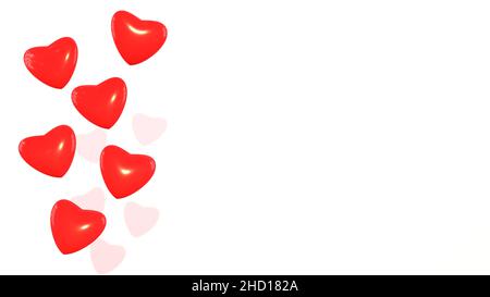 Hintergrund des Valentinstag-Banners. Rote 3D Herzen auf einem weißen Hintergrund. Platz für Text kopieren. Hochwertige 3D-Illustration Stockfoto
