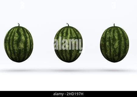 Drei große ganze Wassermelonen auf weißem, isoliertem Hintergrund. 3D Grafiken, realistische Wassermelonen auf weißem, isoliertem Hintergrund. Nahaufnahme Stockfoto