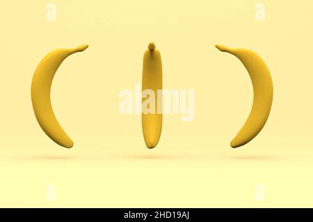 3D Abbildung von drei Bananen auf gelbem, isoliertem Hintergrund. Grafikbild von gelben Fruchtmodellen. Gelbe Bananen, isometrische Modelle. Nahaufnahme Stockfoto