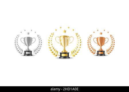 Goldene silberne Bronzetassen. Gewinner-Pokale, Pokalsieger-Symbole Vektor-Illustration mit Lorbeerkränzen Stockfoto