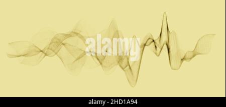 Abstrakte dunkle Drahtgitarre-Wellenform oder polygonale Struktur auf gelbem Hintergrund, Visualisierung von Schallwellen, akustisches Konzept Stockfoto