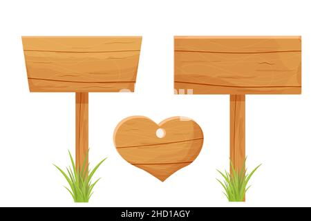 Satz von Holztabletten, texturierte Panels, Schild mit Gras im Cartoon-Stil isoliert auf weißem Hintergrund Stock Vektor-Illustration. Rustikales Brett, Planke mit Platz. UI-Spielelemente, ländlicher Hintergrund. . Vektorgrafik Stock Vektor