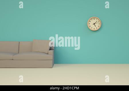 3D Illustration leerer Raum mit einem modernen Sofa vor der Tür und einer Uhr an der Wand Stockfoto