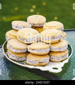 Ein Teller voller Maisstärke-Alfajores gefüllt mit Dulce de leche. Typisch südamerikanisches Dessert. Stockfoto