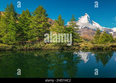 Eines der schönsten Wanderziele mit Matterhornblick vom Grindjisee, Zermatt, Kanton Wallis, Schweiz, Europa Stockfoto