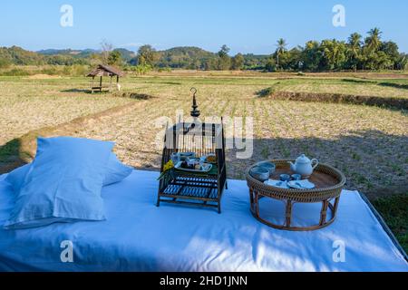 High Tea mit Blick über die Reisfelder Landschaft von Nan Thailand. Schönes Reisfeld Nan Thailand Stockfoto