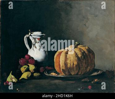 Théodule-Augustin Ribot - Stillleben mit Kürbis, Pflaumen, Kirschen, Feigen und Krug Stockfoto