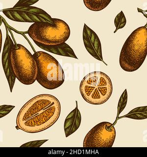 Nahtloses Muster im Hintergrund-Design mit Zitrusfrüchten. Gravierte Ausführung. Handgezeichneter Kumquat. Stock Vektor