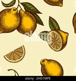 Nahtloses Muster im Hintergrund-Design mit Zitrusfrüchten. Gravierte Ausführung. Handgezeichnete Zitrone. Stock Vektor