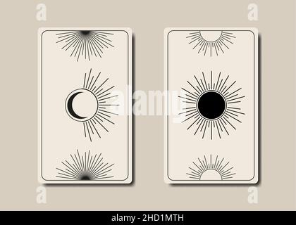 Setzen Sie magische Tarot-Karten, schwarze Magie Sonne und Mond Boho Stil, heilige Geometrie Zeichen, esoterische spirituelle Symbole, Gott und Göttin Zeichen. Vector Vintage Stock Vektor