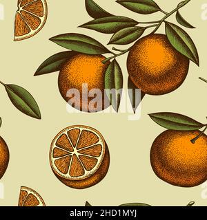 Nahtloses Muster im Hintergrund-Design mit Zitrusfrüchten. Gravierte Ausführung. Handgezeichnetes Orange. Stock Vektor