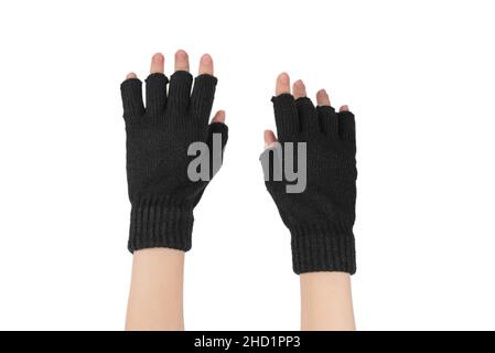 Frau Hände in warmen Handschuhen isoliert auf weißem Hintergrund. Stockfoto