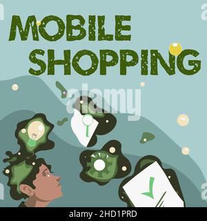 Handschriftschild Mobile Shopping. Konzeptionelles Foto zum Kauf von Waren mit einem Mobiltelefon Illustration eines Mannes, der aufsteht Stockfoto