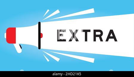 Farb-Megphone-Symbol mit Wort extra in weißem Banner auf blauem Hintergrund Stock Vektor