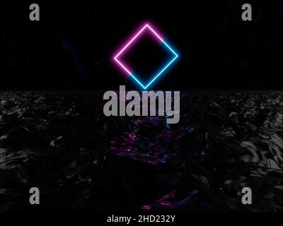 3D Illustration, abstrakter Hintergrund, kosmische Landschaft, quadratisches Portal, pinkblaues Neonlicht, virtuelle Realität, Energiequelle, glühendes Quad, dunkler Raum, Stockfoto