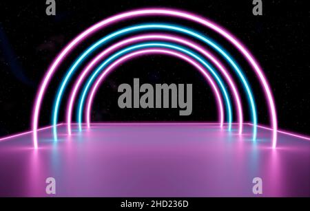 3D Illustration, abstrakter kosmischer Neon-Hintergrund leuchtende Laserbögen auf Plattform Stockfoto