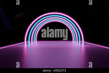 3D Illustration, abstrakter kosmischer Neon-Hintergrund leuchtende Laserbögen auf Plattform Stockfoto
