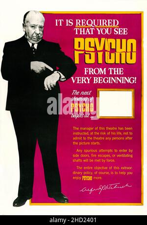 Es ist erforderlich, dass Sie Psycho von Anfang an sehen! (1960 Poster) Alfred Hitchcock. Stockfoto