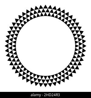 Kreisrahmen mit Dreieckmuster. Drei Reihen von schwarzen Dreiecken, die einen runden Rahmen mit gezackten und karierten Dreiecken bilden. Stockfoto