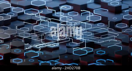Hexagonale wissenschaftliche und technologische Materialien, 3D Rendering. Digitale Zeichnung des Computers. Stockfoto