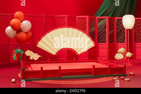 Leere Bühne mit chinesischem Hintergrund, 3D Rendering. Digitale Zeichnung des Computers. Stockfoto
