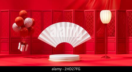 Leere Bühne mit chinesischem Hintergrund, 3D Rendering. Digitale Zeichnung des Computers. Stockfoto