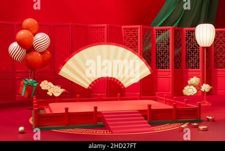 Leere Bühne mit chinesischem Hintergrund, 3D Rendering. Digitale Zeichnung des Computers. Stockfoto