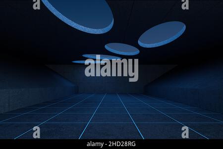 Abstraktes Betongebäude mit dunklem Hintergrund, 3D Rendering. Digitale Zeichnung des Computers. Stockfoto