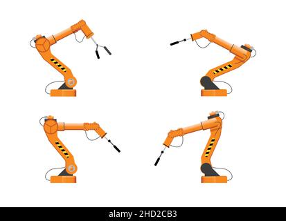 Satz von Vektorbildern eines Roboterarms. Lagereinrichtungen. Flache Vektorgrafik. Stock Vektor
