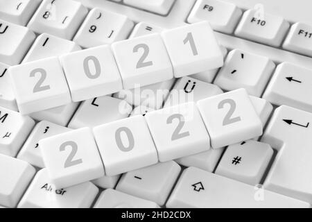 Neujahr 2022 und Tastatur Nahaufnahme Stockfoto