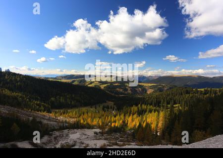Dolomiten, Dolomiti, Berge und Felsen am Langkofel, Sasso Lungo mit Blick und Aussicht auf die Seiser Alm mit Bäume und Wiesen, Felsen in Südtirol Stockfoto