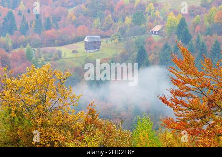 Bergdorf in Herbstfarben. Farbige Bäume an den Berghängen Stockfoto