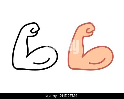 Gebeugte Bicep-Emoji. Starkes Arm-Symbol in zwei Stilen, schwarze Linie Symbol und flache Cartoon-Farbe. Vektorgrafik. Stock Vektor