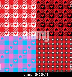 Setzen Sie nahtlose Muster Herz Gingham, vichy Hintergründe in rot, schwarz, blau, weiß, oder andere Valentinstag Urlaub textile Design Stock Vektor