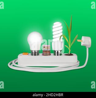 Elektrisches Verlängerungskabel mit LED- und Leuchtstofflampen, Münzen und grünem Sprossen auf grünem Hintergrund. Konzept für grüne Energie und Ökologie. Stockfoto